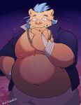  2021 absurd_res anthro belly blue_hair clothed clothing detailed_background gouryou hair hi_res humanoid_hands kemono lifewonders male mammal moobs night nipples open_clothing open_shirt open_topwear overweight overweight_male shirt solo star suid suina sus_(pig) tokyo_afterschool_summoners topwear video_games whitebeast20 wild_boar 