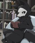  2021 4_fingers anthro biped book bookshelf canid canine canis changed_(video_game) detailed_background fingers furniture goo_creature hayakun0_0 hi_res male mammal mask nude puro_(changed) reading reading_book solo wolf 