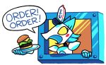  android anthro burger darkner deltarune felid feline female food hi_res humanoid humor krabby_patty machine mammal nickelodeon ordering_food robot solo spongebob_squarepants tasque_manager thatguynamedjoe toony undertale_(series) video_games 