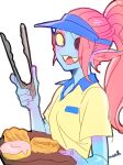  5_fingers animal_humanoid blue_collar clothing collar dessert doughnut eye_patch eyewear female fin fingers fish fish_humanoid food hair hi_res holding_object humanoid looking_at_viewer marine marine_humanoid noaharbre red_hair sharp_teeth shirt simple_background smile solo teeth tongs tools topwear tray undertale undertale_(series) undyne video_games white_background yellow_clothing yellow_shirt yellow_topwear 