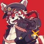  1:1 2021 a_vwxyz ailurid anthro biped black_body black_nose camera clothing cute_fangs hat headgear headwear humanoid_hands kemono lifewonders male mammal red_background red_body red_panda shirt simple_background solo tokyo_afterschool_summoners topwear video_games white_body young zhurong_(tas) 