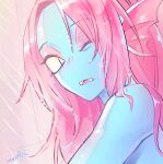 animal_humanoid blue_body blue_skin blush female fish fish_humanoid hair hair_over_eye hi_res humanoid looking_at_viewer marine marine_humanoid noaharbre one_eye_closed one_eye_obstructed open_mouth red_hair shower solo tile tile_wall undertale undertale_(series) undyne video_games wall_(structure) water_drop 