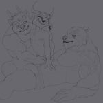  2020 4_fingers 5_fingers abs anthro anthro_on_anthro arm_markings arm_tuft big_muscles bovid bristol bulge_grab caprine cheek_tuft chest_tuft chiko_(bristol) chin_tuft claws closed_smile clothed clothed_anthro clothed_male clothing digital_drawing_(artwork) digital_media_(artwork) ear_piercing ear_ring ear_tuft empty_eyes eyebrows eyes_closed facial_piercing facial_tuft fingers goat grey_background grope group hand_on_stomach happy hi_res huge_biceps huge_deltoids huge_muscles humanoid_hands interspecies league_of_legends lifewonders looking_up_at_partner lying male male/male male_anthro mammal markings monochrome muscle_size_difference muscular navel neck_tuft nipples nose_piercing nose_ring on_back open_mouth open_smile piercing portrait quads raised_eyebrows riot_games serratus side_view simple_background size_difference slim_anthro slim_male smaller_anthro smaller_male smile square_glasses standing thick_neck three-quarter_portrait tokyo_afterschool_summoners topless topless_anthro topless_male trio tsathoggua tuft ursid video_games volibear wearing_glasses 