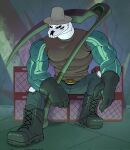 adventure_time animated_skeleton anjing_kampuss anthro belt bone boots bottomwear box cartoon_network clothed clothing container footwear hat headgear headwear hi_res humanoid hybrid looking_at_viewer male melee_weapon multi_eye new_death pants polearm reptile scalie scythe sitting skeleton snake solo undead weapon 