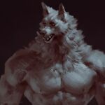  1:1 2021 anthro biceps big_muscles brown_nose canid canine canis digital_media_(artwork) digital_painting_(artwork) fluffy fur grey_body grey_fur hi_res male mammal muscular muscular_anthro muscular_male neck_tuft nipples open_mouth pecs sharp_teeth simple_background solo taran_fiddler teeth tuft were werecanid werecanine werewolf whiskers wolf 