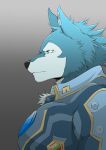  absurd_res anthro blue_body blue_eyes blue_fur bodysuit breke canid canine canis clothed clothing fur gradient_background hi_res ioenami88 lifewonders male mammal side_view simple_background skinsuit solo tight_clothing tokyo_afterschool_summoners video_games wolf 