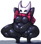  absurd_res anthro arthropod belly belly_overhang belly_rolls big_breasts black_body bottomless breasts butt_from_the_front cloak clothed clothing crouching curvy_figure deep_navel empty_eyes fat_rolls female front_view glistening glistening_body hi_res hollow_knight hornet_(hollow_knight) inviting looking_at_viewer love_handles mostly_nude navel non-mammal_breasts overweight overweight_anthro overweight_female princecoffeecakes pudgy_belly raised_clothing raised_topwear simple_background solo team_cherry thick_thighs topwear video_games voluptuous 