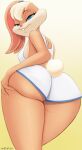  2021 accessory anthro artist_name big_butt blonde_hair blue_eyes bottomwear breasts buckteeth butt clothing female floppy_ears gradient_background hair hair_accessory hairband half-closed_eyes hi_res holding_butt lagomorph legs_together leporid lola_bunny looking_at_viewer looney_tunes low-angle_view mammal narrowed_eyes pink_nose rabbit rear_view redtetsu shirt short_hair shorts simple_background smile solo standing tank_top teeth topwear warner_brothers 
