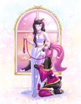  2021 3_toes 4_toes anthro barefoot biped breasts collar domestic_cat duo eyes_closed feet felid feline felis giant_panda hair hi_res kneeling leash mammal maolin pawpads pink_collar pink_eyes pink_hair pink_leash pink_pawpads smile toes ursid window 