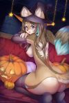  2:3 anthro areola blue_eyes blush breasts butt canid canine canis clothing digital_media_(artwork) echo_(echoic) eyelashes female food fruit furniture halloween hat headgear headwear hi_res holidays inside jack-o&#039;-lantern looking_at_viewer looking_back looking_back_at_viewer mammal nipples on_sofa open_mouth pillow pink_areola pink_nipples plant pumpkin rear_view shaded sofa soft_shading solo tekahika text url witch_hat wolf 