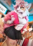  2021 5_fingers anthro bottomwear breasts canid canine canis clothed clothing digital_media_(artwork) domestic_dog eyebrows eyelashes female fingers hair heterochromia kammi-lu mammal miniskirt open_mouth pink_hair skirt smile solo teeth tongue yellow_eyes 