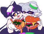  accessory animal_humanoid belly belly_to_belly big_belly big_breasts black_hair breast_squish breasts breasts_frottage burger callie_(splatoon) cephalopod cephalopod_humanoid cheese clothed clothing dairy_products dress duo fangs female food fried_shrimp front_view fully_clothed gloves grey_hair hair hair_accessory handwear hip_to_hip holding_food holding_object humanoid humanoid_pointy_ears inkling looking_at_viewer marie_(splatoon) marine marine_humanoid markings mole_(marking) mollusk mollusk_humanoid nintendo obese obese_female obese_humanoid open_mouth open_smile orange_pupils overweight overweight_female overweight_humanoid pale_skin princecoffeecakes pupils sauce shrimp_(food) simple_background smile splatoon squid_humanoid squish unusual_pupils video_games wide_hips 