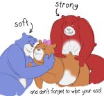  2021 anthro belly black_nose blue_body brown_body charmin charmin_bear english_text eyes_closed female group humanoid_hands male male/female mammal overweight red_body sex simple_background text unknown_artist ursid white_background white_body 