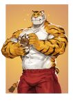  absurd_res anthro biped blush border bottomwear clothed clothing dessert eating felid food fur hi_res holding_food holding_object holding_tool holding_utensil kitchen_utensils male mammal mouth_scar muscular muscular_anthro muscular_male orange_body orange_fur pantherine parfait_(dessert) red_bottomwear red_clothing simple_background solo sparkles sparkling_eyes striped_body striped_fur stripes tiger tools topless traver009 vein white_body white_border white_fur 