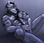  alex_nightmurr anthro arm_hair bodily_fluids body_hair bottomwear canid canine canis chest_hair clothing hairy loincloth looking_at_viewer male male/male mammal muscular simonsbathtub sitting smile smirk solo sweat tribal underwear wolf 