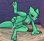  after_sex bodily_fluids breasts claws clothing cum cum_inside female genital_fluids genitals hi_res horn kobold kobold_adventure lizard moe_(kobold_adventure) non-mammal_breasts on_ground outside pink_eyes pussy reptile scalie solo spread_legs spreading tfzn useless_clothing video_games yellow_sclera 