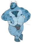  2021 anthro bearwivme belly blue_body bovid bovine bulge cattle clothing hi_res horn humanoid_hands male mammal moobs nipples overweight overweight_male simple_background solo underwear white_background 