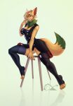  2021 5_fingers anthro biped breasts canid canine chair digital_media_(artwork) dipstick_tail female fingers fox furniture genitals hi_res katfishcom mammal markings pussy shaded simple_background sitting solo tail_markings 