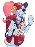  animal_humanoid backpack bottomwear clothing container cup eye_patch eyewear fanny_pack female fin fish fish_humanoid flower hat headgear headwear hi_res holding_object humanoid marine marine_humanoid name_tag noaharbre plant shorts simple_background solo standing topwear undertale undertale_(series) undyne video_games white_background work_uniform 