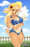  2021 absurd_res anthro blonde_hair cervid clothing cloud digital_media_(artwork) eyelashes female fence fingers hair hait hat headgear headwear hi_res kitsuumi long_hair mammal navel smile solo 