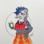  amaranth_heres anthro blue_eyes blue_hair clothing ear_piercing felid feline female fur grey_body grey_fur hair hi_res hybrid industrial_piercing lynx lynxion mammal markings pattern_clothing piercing plaid plaid_clothing purple_markings sabertoothed_cat selenalakitsune solo starbucks 