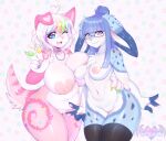 &lt;3 &lt;3_eyes 2021 5_fingers absurd_res anthro areola asymmetrical_breast_frottage big_breasts blue_body blue_eyes blue_fur breast_size_difference breast_squish breasts breasts_frottage chest_tuft clothing collar curvy_figure digital_media_(artwork) duo eyewear female female/female fingers fur genitals glasses hair hi_res highlights_(coloring) huge_breasts kitsuumi lagomorph legwear leporid long_hair looking_at_viewer mammal mostly_nude multicolored_body multicolored_fur navel nipples one_eye_closed open_mouth open_smile pink_body pink_fur purple_eyes pussy rabbit slightly_chubby smile squish standing take_your_pick thick_thighs thigh_highs tuft voluptuous white_body white_fur white_hair wide_hips wink 