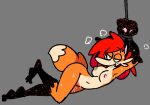  anthro arms_tied bodily_fluids bound canid canine female fox hair mammal pepper_(sketchytoasty) red_hair simple_background solo stu_(artist) sweat 