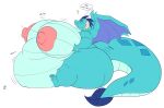  2021 absurd_res anthro badgerben big_breasts big_tail breasts english_text female friendship_is_magic hasbro hi_res horn huge_breasts huge_nipples immobile morbidly_obese morbidly_obese_anthro morbidly_obese_female my_little_pony obese obese_anthro obese_female overweight overweight_anthro overweight_female princess_ember_(mlp) simple_background solo text thought_bubble weight_gain white_background wings 