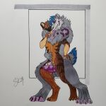  1:1 amaranth_heres anthro between_thighs big_dom_small_sub blue_hair bodily_fluids comparing comparing_penis dominant duo fur hair hi_res hyaenid hybrid knot long_tongue lynxion male male/male mammal markings piercing purple_body purple_fur purple_markings sabertoothed_cat saliva saliva_on_tongue saliva_string selenalakitsune size_difference tongue 