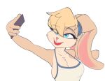  2021 anthro breasts cellphone conditional_dnp eyebrows eyelashes female fingers hair holding_object lagomorph leporid lola_bunny long_ears looney_tunes mammal phone pink_nose rabbit selfie side_boob simple_background solo sugarlesspaints warner_brothers white_background 