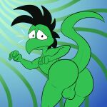  1:1 abstract_background anthro backsack balls blush bob_vorsh_(jack) butt darkajugin embarrassed genitals green_body hi_res jack_(webcomic) looking_at_viewer looking_back male nude presenting presenting_hindquarters reptile scalie solo 