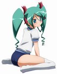  absurdres blush buruma green_hair gym_uniform highres kneeling kuroki_manatsu ribbon solo sugimura_tomokazu thighhighs twintails utakata 