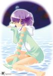  ahoge artist_request detached_sleeves dress frog highres hood mahou_sensei_negima! miyazaki_nodoka purple_eyes purple_hair sitting solo water 
