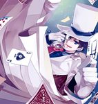  ace adjusting_clothes adjusting_hat amezawa_koma blue_eyes cape card falling falling_card formal gloves hat holding holding_card joker kaitou_kid male_focus meitantei_conan monocle playing_card smile solo suit top_hat 