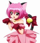  absurdres animal_ears bell bow breasts cat_ears cat_tail choker covered_nipples detached_sleeves fang gloves highres jingle_bell magical_girl mew_ichigo momomiya_ichigo non-web_source paw_pose pink_choker pink_eyes pink_hair puffy_detached_sleeves puffy_sleeves red_gloves short_hair small_breasts solo sugimura_tomokazu tail tail_bell tail_bow tokyo_mew_mew 