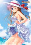  absurdres akiiro_renka blonde_hair blue_eyes blush chibi dress hat highres long_hair purple_software ribbon sera_kasumi smile summer_dress sundress tokura_tsubasa tsukimori_hiro water water_float wink yuuki_makoto 