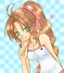  1girl aerith_gainsborough bare_shoulders breasts brown_hair female final_fantasy final_fantasy_vii green_eyes jujube long_hair lowres ny_nekonin pink_ribbon ribbon solo 