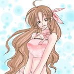  1girl aerith_gainsborough bare_shoulders breasts brown_hair female final_fantasy final_fantasy_vii green_eyes jujube long_hair midriff ny_nekonin pink_ribbon ribbon solo tank_top tanktop 