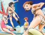  absurdres akane_soir artist_request ass bikini breasts brown_hair checkered checkered_bikini chie_hallard cloud cutoff_jeans cutoffs day denim denim_shorts drill_hair highres juliet_nao_zhang large_breasts multiple_girls my-otome official_art one-piece_swimsuit orange_eyes pink_swimsuit sandals shiho_huit shorts side-tie_bikini swimsuit 