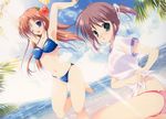  :o absurdres armpits arms_up asagiri_mai beach black_eyes blue_eyes blush breasts brown_hair cleavage cloud day dutch_angle flower hair_flower hair_ornament hair_ribbon highres looking_at_viewer medium_breasts mikeou multiple_girls navel ocean one_eye_closed outdoors palm_tree purple_hair ribbon scan shirt sky takamizawa_natsuki tied_shirt tree tying yoake_mae_yori_ruri_iro_na 