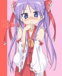  asanagi blue_eyes blush bow collarbone cosplay detached_sleeves frills frown hair_ribbon hakurei_reimu hakurei_reimu_(cosplay) hand_to_own_mouth hiiragi_kagami long_hair lucky_star purple_hair ribbon solo touhou tsurime twintails 