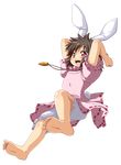  :d animal_ears barefoot bloomers brown_hair bunny_ears bunny_tail carrot carrot_necklace fang feet full_body highres inaba_tewi jewelry jumping kazuhiro_(tiramisu) necklace open_mouth pendant pink_skirt red_eyes skirt smile soles solo tail touhou transparent_background underwear 