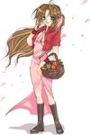  1girl aerith_gainsborough basket blush boots brown_hair dress female final_fantasy final_fantasy_vii flower full_body green_eyes jacket jujube long_hair ny_nekonin pink_ribbon ribbon solo white_background wristband 