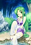  blush breasts face finger_to_mouth ganbare_goemon green_eyes green_hair head_tilt index_finger_raised japanese_clothes large_breasts legs long_hair looking_at_viewer one_eye_closed sandals shigehiro_(hiroi_heya) shushing sitting smile soaking_feet solo thighhighs water wet yae_(ganbare_goemon) zettai_ryouiki 