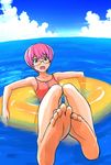  :o afloat barefoot brown_eyes feet foreshortening glasses innertube ocean open_mouth original pink_hair pov_feet short_hair soles solo swimsuit umiushi_(poyopacho) water 