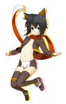  :o animal_ears bad_id bad_pixiv_id black_hair crop_top flat_chest green_eyes kiki_(koba) midriff navel no_bra open_clothes open_mouth open_shirt original outstretched_arms scarf shirt shoes short_hair short_shorts shorts solo spread_arms suko_mugi thigh_strap thighhighs 