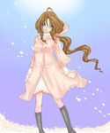  1girl aerith_gainsborough blue_eyes blush boots brown_hair dress female final_fantasy final_fantasy_vii hood jujube long_hair ny_nekonin outdoors sky solo 