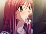  aikawa_arisa blush cum cum_in_mouth cumdrip ejaculation fellatio green_eyes long_hair matsubara_yui metro_chikan-sen oral overflow penis pink_hair school_uniform serafuku solo_focus tears 