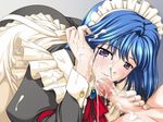  blue_hair censored cum cum_on_clothes facial handjob long_hair maid penis purple_eyes tagme 