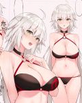  ahoge anza_tomo bangs bikini black_bikini black_choker breasts choker cleavage commentary_request cowboy_shot eyebrows_visible_through_hair fate/grand_order fate_(series) jeanne_d&#039;arc_(alter)_(fate) jeanne_d&#039;arc_(alter_swimsuit_berserker) jeanne_d&#039;arc_(fate)_(all) large_breasts long_hair multiple_views o-ring o-ring_bikini o-ring_bottom o-ring_top open_mouth silver_hair striped striped_background swimsuit yellow_eyes 